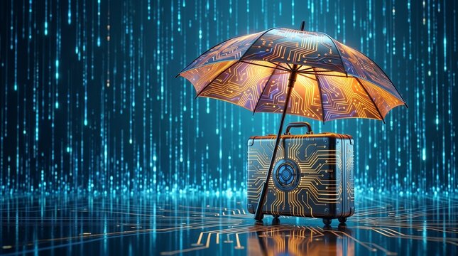 Cybersecurity Data Protection Umbrella Safeguarding Vital Business Information and Cloud Assets, Ensuring Digital Trust, Resilience, and Secure Technology Solutions.