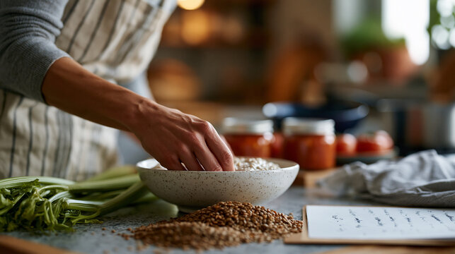 Budget-conscious home cook lays out dried lentils canned tomatoes and wilting celery on a laminate countertop in a modest apartment kitchen consulting a handwritten meal plan to