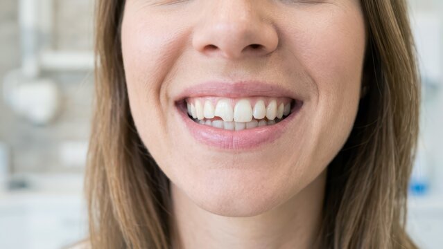 Woman smiling with chipped front tooth for dental care consultation and cosmetic dentistry correction healthy smile restoration oral treatment concept