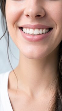 Close up of woman smile with chipped central incisor before restoration, tooth enamel fracture cosmetic dental problem vertical presentation background