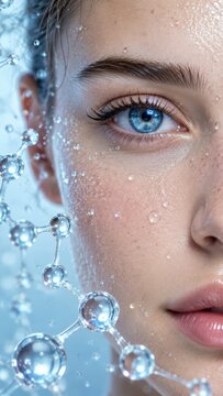 Woman face with glowing skin and water droplets for peptide skincare treatment concept with hyaluronic hydration collagen stimulation epidermal barrier support