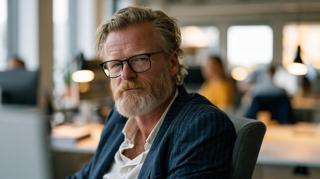 Middle-aged man in a corporate office sits deliberately idle at his desk, doing the bare minimum on a basic spreadsheet while fully capable colleagues rush around him, a look of