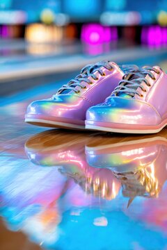 Iridescent bowling shoes on polished lane with rainbow reflections for retro arcade poster, design and colorful background