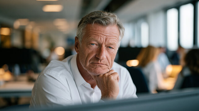 Middle-aged man in a corporate office sits deliberately idle at his desk, doing the bare minimum on a basic spreadsheet while fully capable colleagues rush around him, a look of