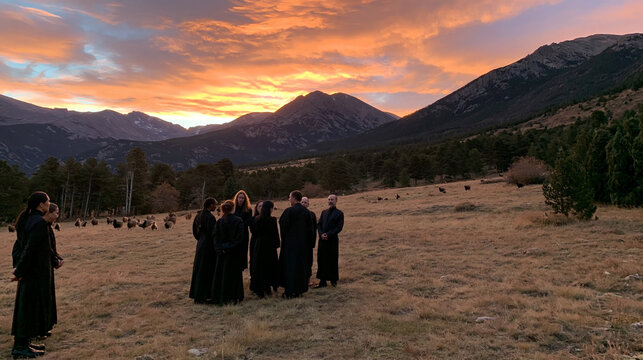 Mystical mountain sunset ceremony with cloaked group silhouettes in forest ritual at dusk