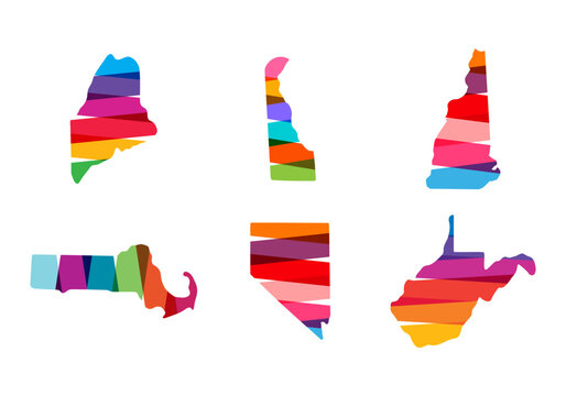 Set colorful Delaware, New Hampshire, Maine, Massachussets, Nevada, West Virginia States Map logo template. Vector illustration.
