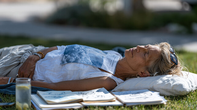 Retired meteorologist lies flat on a suburban lawn in peak July afternoon watching cumulus formations, a laminated cloud identification chart held above her face, notebooks filled