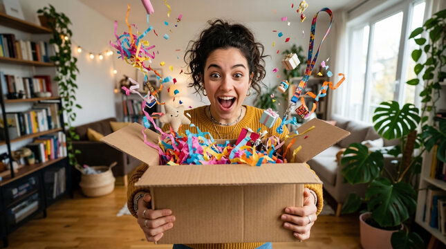 Woman's joyful surprise opening a gift box filled with colorful confetti and presents