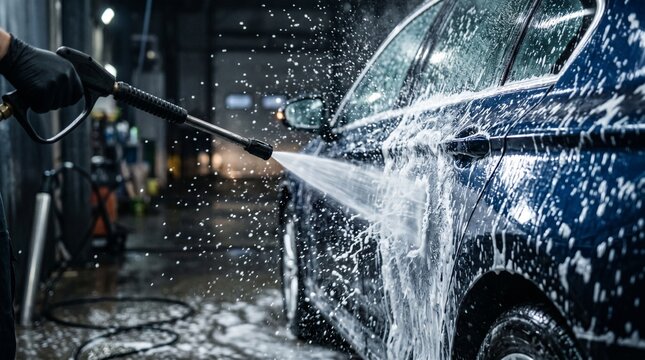 Car being washed with water jet dynamic motion cleaning concept automotive care splash action vehicle maintenance scene.