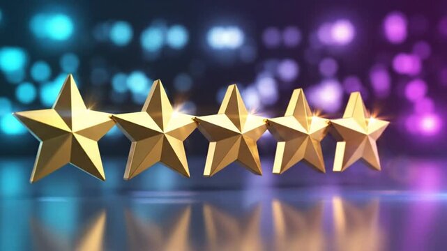 Five gold stars aligned on a reflective surface for rating and award presentation against a bokeh background.