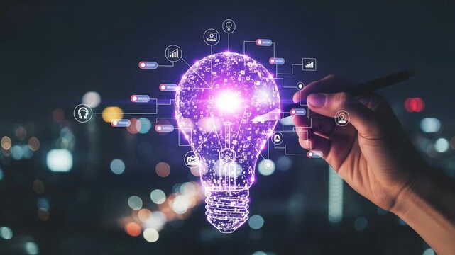 Digital light bulb with glowing connections and icons representing ideas
