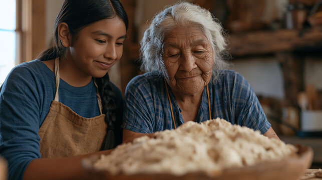 Retired grandmother and teenage granddaughter stand side by side in a cramped apartment kitchen transferring handwritten tamale recipes onto index cards while masa dough rests in