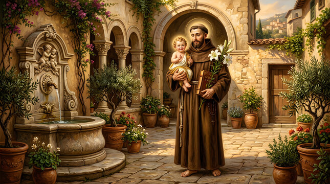 Saint Anthony of Padua holding the infant Jesus and a lily in a peaceful italian courtyard