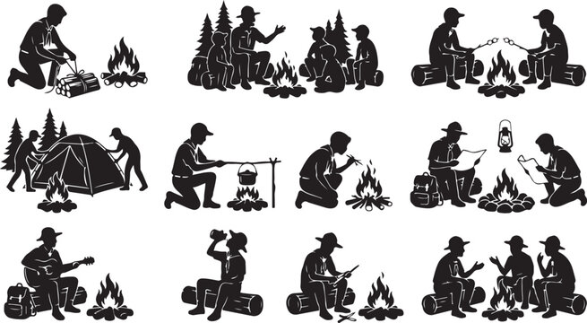 Set of silhouettes of boy scouts camping, sitting around a campfire, cooking, playing guitar and reading maps