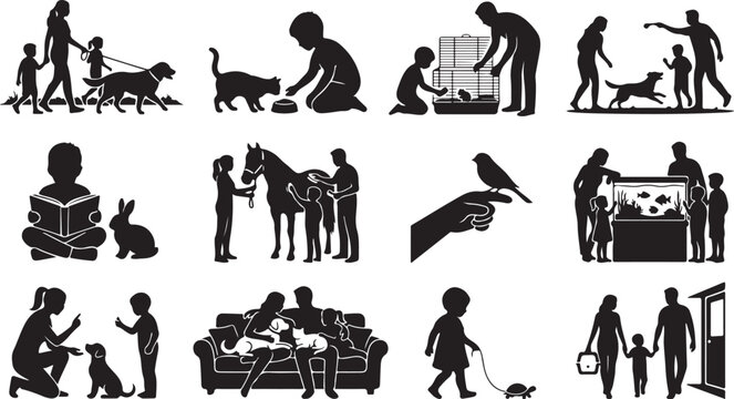 Set of silhouettes of families and children interacting with various pets, including dogs, cats, and birds