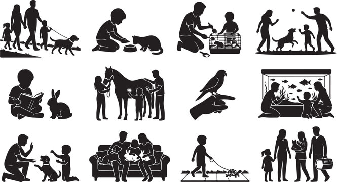 Set of silhouettes of families and children interacting with various pets including dogs, cats, and birds