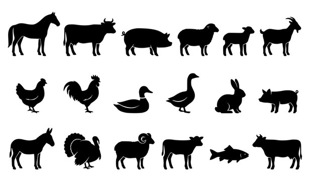 Livestock Animal Silhouettes Collection with Farm and Poultry Vector Icons
