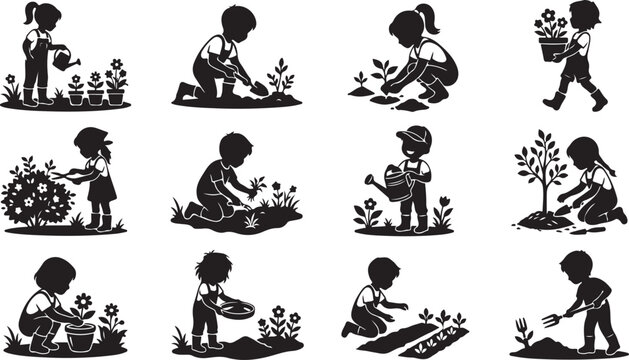 Set of children gardening, planting, watering and taking care of flowers and plants