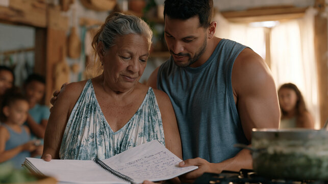 Family matriarch photographs her handwritten Puerto Rican sofrito recipe in a spiral notebook held by her adult son while a pot of recao simmers on the stove and grandchildren