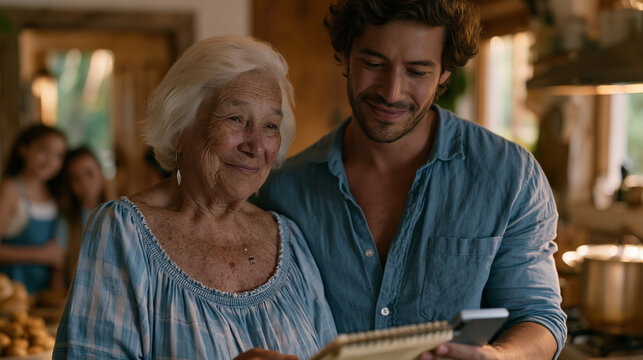 Family matriarch photographs her handwritten Puerto Rican sofrito recipe in a spiral notebook held by her adult son while a pot of recao simmers on the stove and grandchildren
