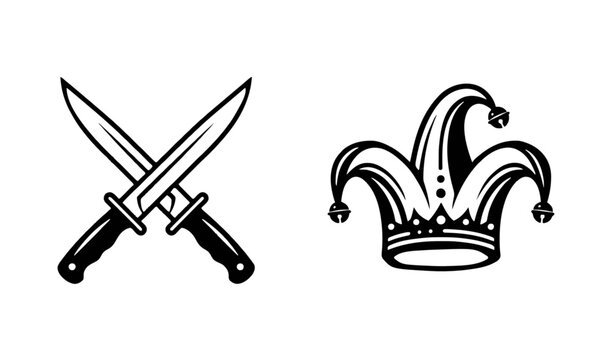 Jester Hat And Dagger Icon Grid Featuring Carnival Joker Caps Medieval Throwing Knives Swords Playing Cards And Harlequin Performance Vector Templates