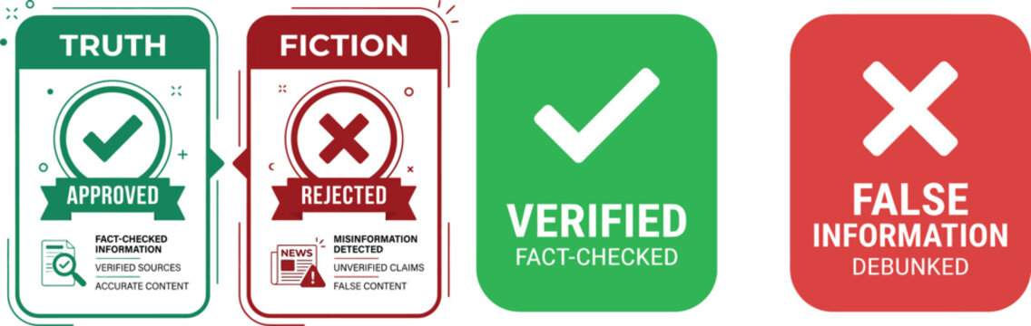 Fact Versus Fiction Verification Labels and Fact Checked Information Badge Collection Vector Set