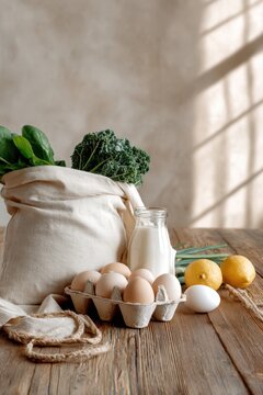 Organic groceries in reusable cloth bag with milk eggs lemons and leafy greens for sustainable shopping poster background and eco design