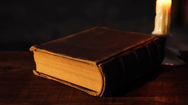 Old thick leather-bound book on a wooden table illuminated by candlelight. Vintage manuscript in a dark moody atmosphere. Ancient knowledge and history concept