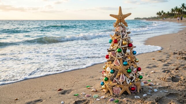 Creative Christmas tree made of bottles on a beach shore