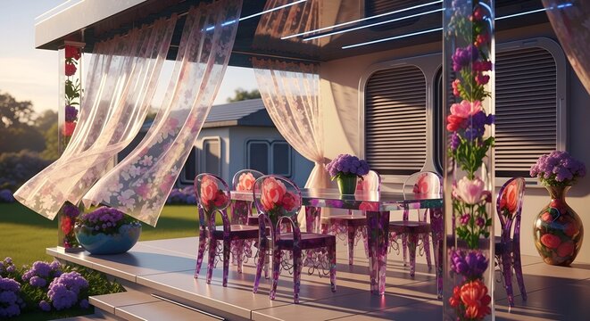 Modern garden terrace with floral translucent chairs and table. Exterior patio design with sheer curtains, blooming flower arrangements, and sunset light for comfortable outdoor living.