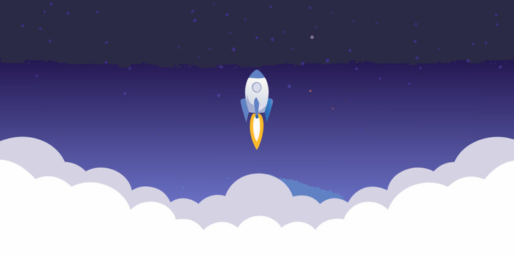Cartoon rocket launch against a starry night sky flat vector illustration