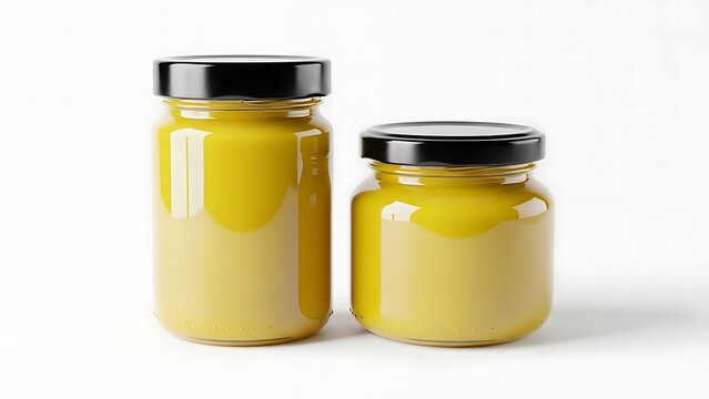 Two jars of homemade lemon curd on a white background
