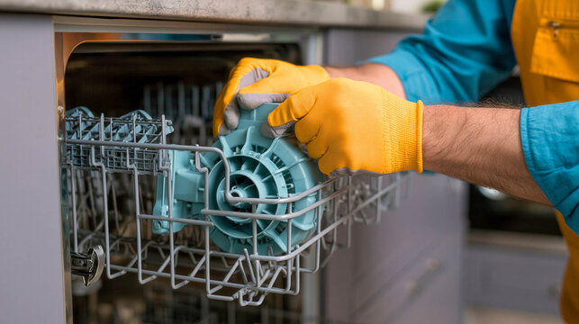 Technician repairing dishwasher circulation pump during maintenance and appliance service