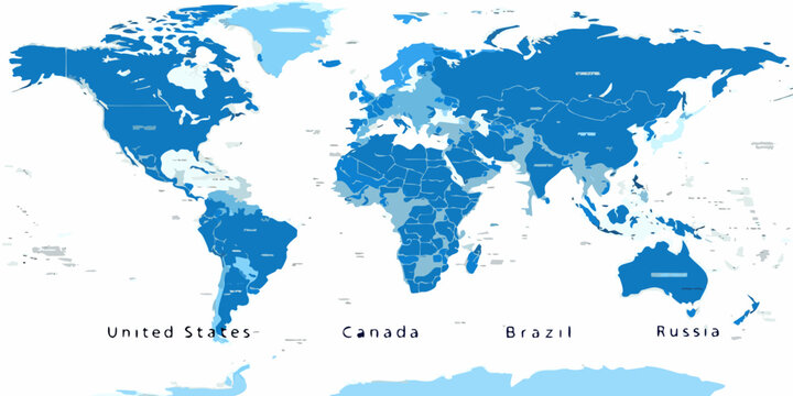 Blue world map with country labels a vector illustration
