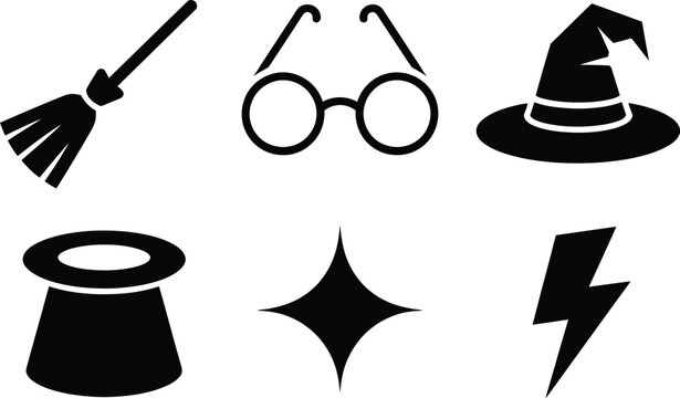 Witchcraft objects include a broom and hat representing mysterious fantasy.