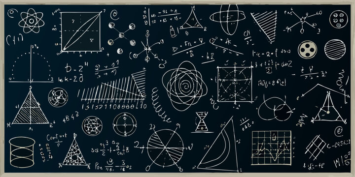Chalkboard drawing of scientific formulas and geometric shapes white on black