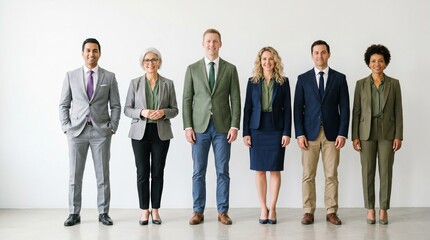 Obraz premium Diverse group of business professionals standing together in formal attire against a plain white background