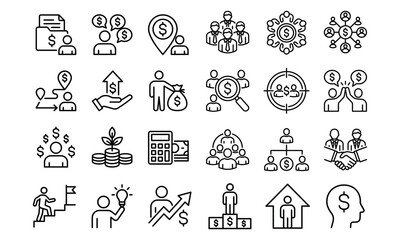 Fototapeta premium Set of finance and investment business management line icons with business investment management strategy corporate financial planning