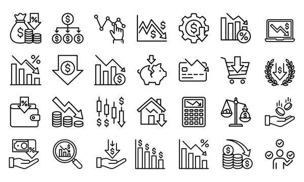 Financial crisis and economic downturn line icons with recession downturn business investment bankruptcy negative inflation economic analysis