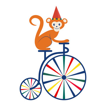 Cute Circus Monkey Riding Vintage Penny-Farthing Bicycle &ndash; Flat Vector Illustration