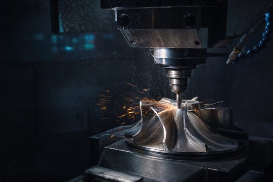 Five axis CNC machine milling a metal turbine part with sparks