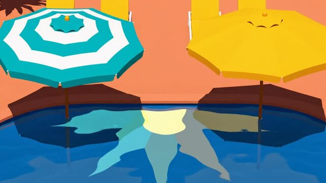 Bright illustration of a sunny poolside scene with umbrellas and water reflections, perfect for a summer vacation video