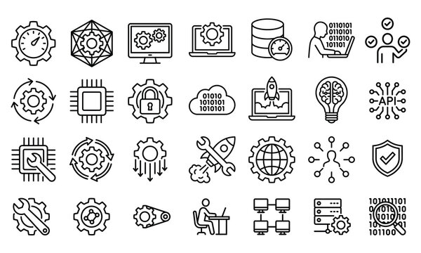 Software development and technical engineering line icons with software development technology programming engineering computer security