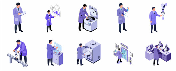 Fototapeta premium Isometric Science Laboratory Research Set with Scientists and Advanced Biotech Equipment