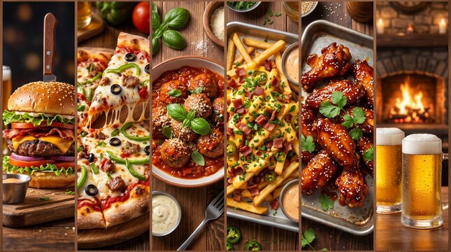 Assorted delicious pub food and beer, a mouth-watering collage of burgers, pizza, fries, wings.