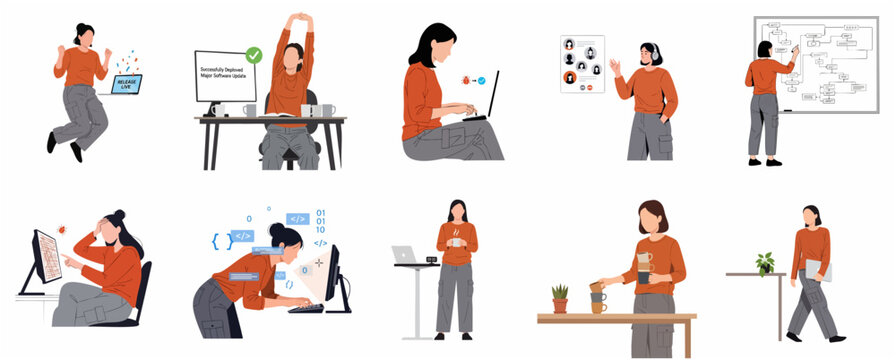 Female Software Developer Character Set for Programming, Debugging and Workflow Illustrations