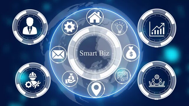 Digital interface with a central smart biz text surrounded by circular representing global business management and technology connectivity