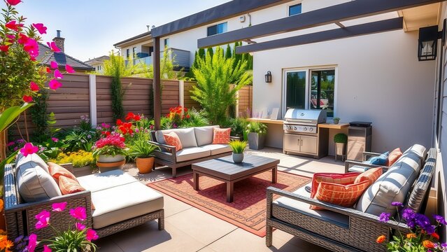 The outdoor seating area is decorated with stylish furniture, plants and decor. A cozy atmosphere for entertaining guests. Perfect for landscape and design themes.