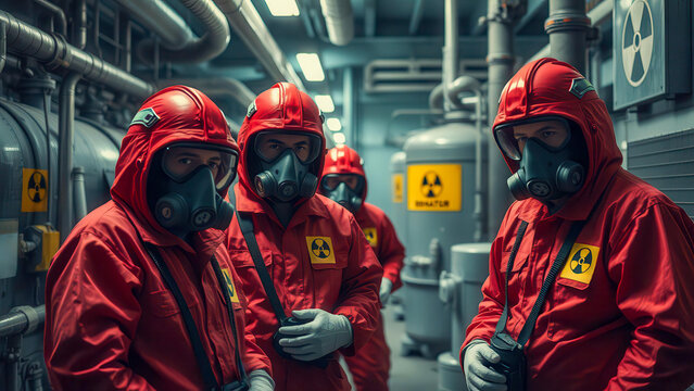 A group of specialists in red protective suits and respirators prepare to perform a dangerous task in an industrial area. The scene symbolizes a biological threat and radiation risk.