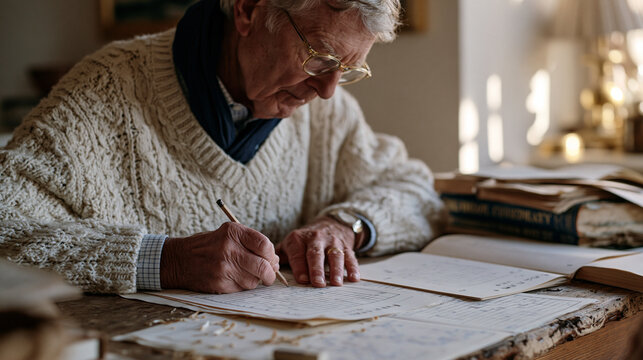 Retired linguist at a scarred wooden desk in a modest flat compiles a cryptic crossword grid by hand, pencil checking clue symmetry against a ruled layout sheet, reference